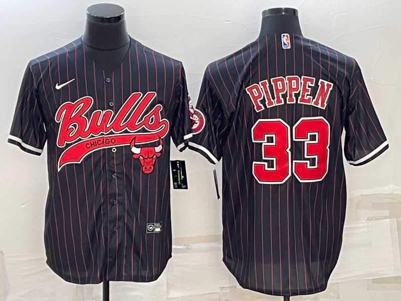 Mens Chicago Bulls #33 Scottie Pippen Black Pinstripe With Patch Cool Base Stitched Baseball Jersey